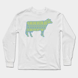 Dairy Cow Silhouette with Blue & Green Southwest Pattern Long Sleeve T-Shirt